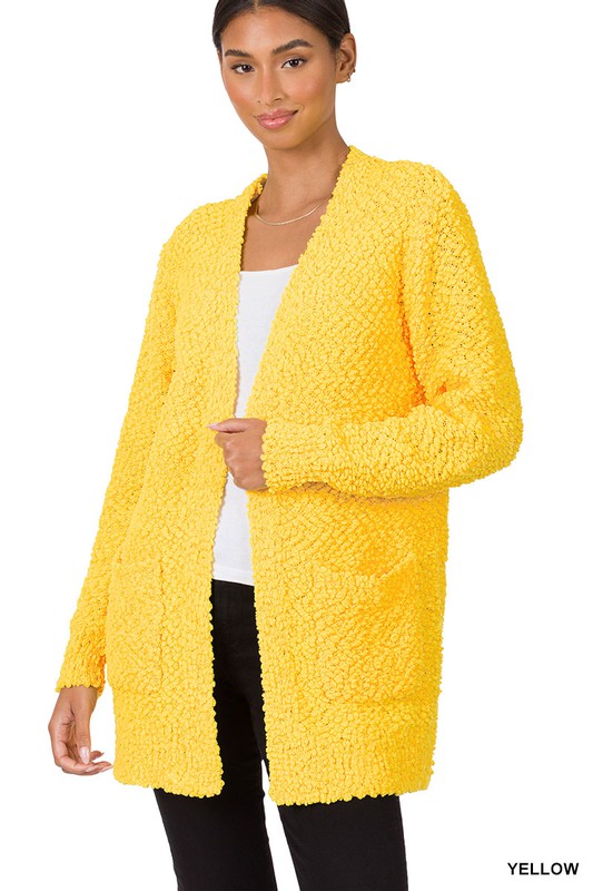 LONG SLEEVE POPCORN SWEATER CARDIGAN WITH POCKETS