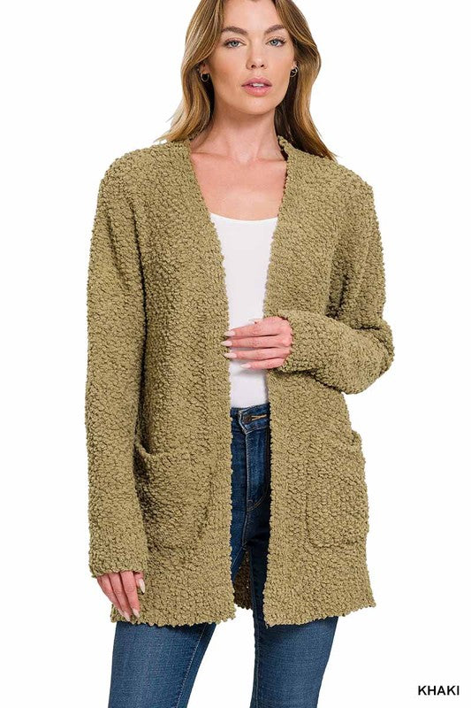 LONG SLEEVE POPCORN SWEATER CARDIGAN WITH POCKETS