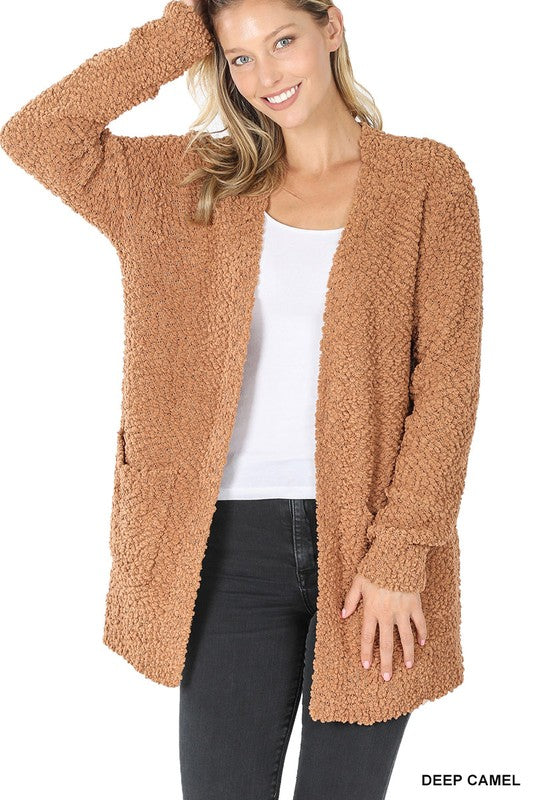 LONG SLEEVE POPCORN SWEATER CARDIGAN WITH POCKETS