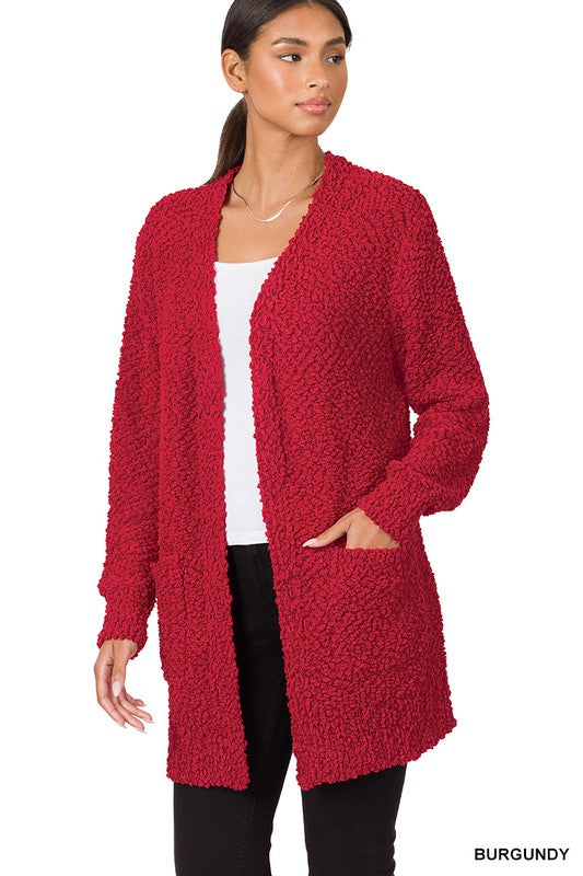 LONG SLEEVE POPCORN SWEATER CARDIGAN WITH POCKETS