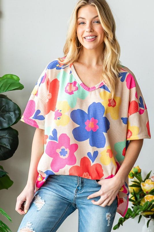 Summer Bouquet Floral V-Neck Side Slit T-Shirt