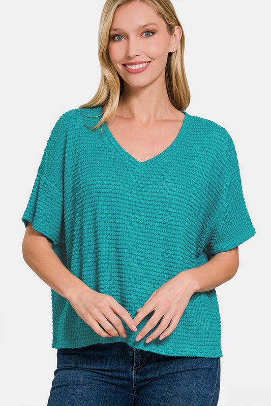 Hello There Drop Shoulder Short Sleeve Knit Top in Teal